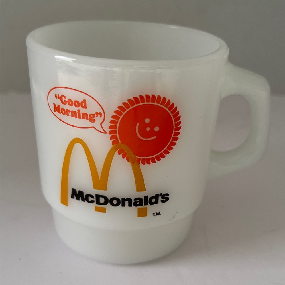 McDonald's Vintage White Milk Glass‎ Mug with Red Sun Good Morning Logo